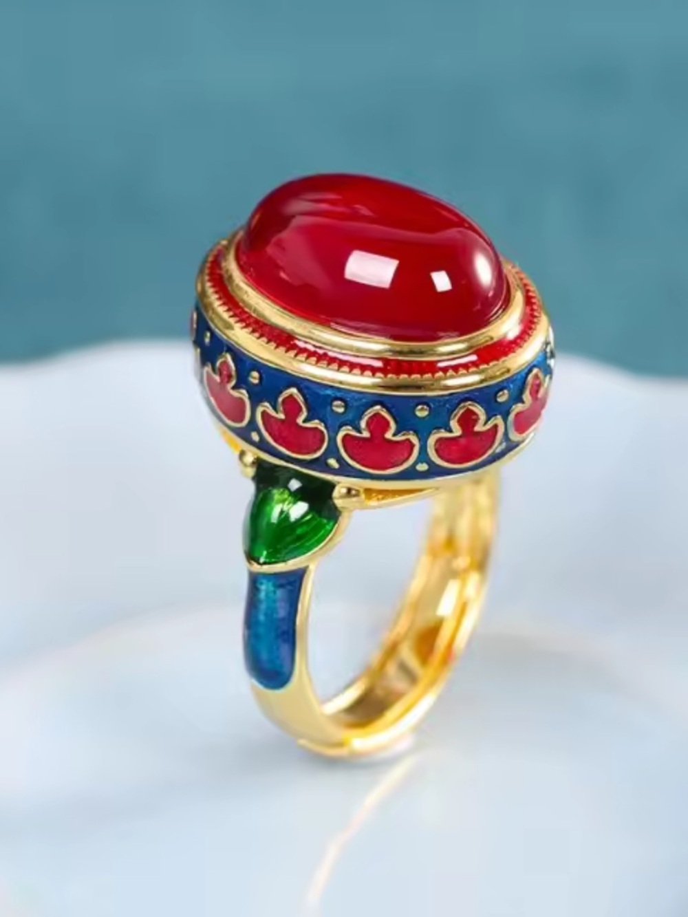 Anthropologie adjustable Gold-Tone Red Cabochon Multicolor Enamel Statement Ring